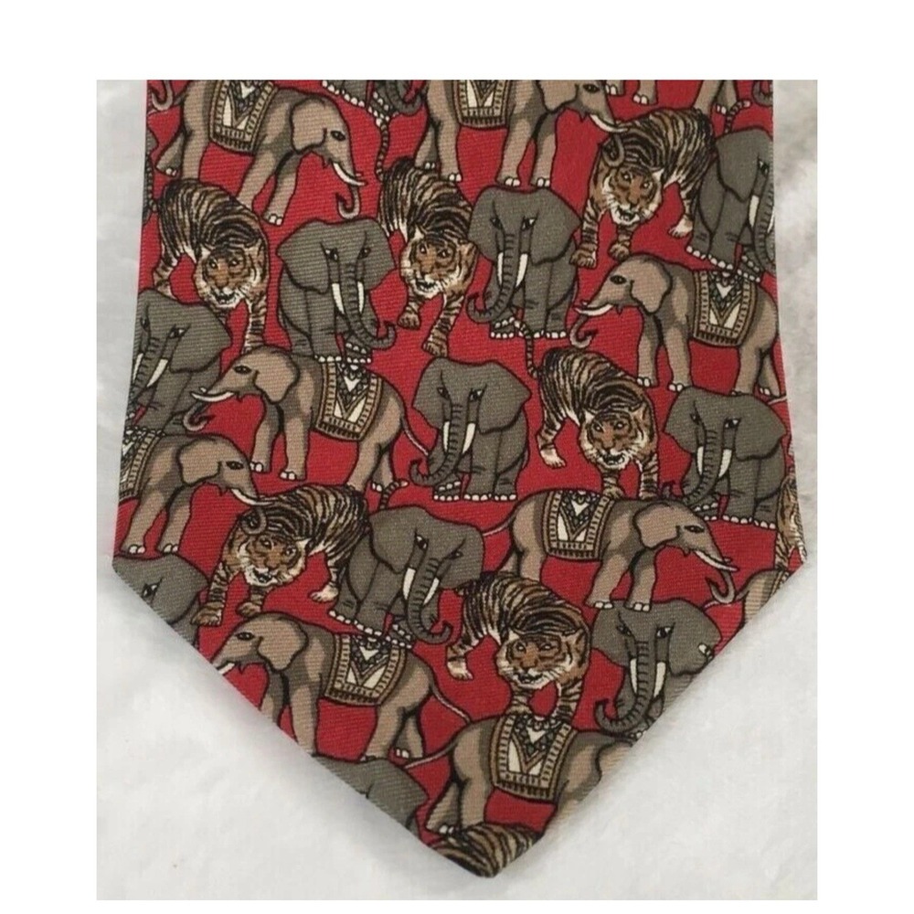 Bert Pulitzer Tie Elephant Tiger Red Safari Traditional Mens Necktie  4" x 57.5" - Picture 2 of 3